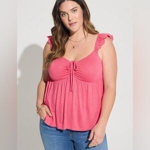 Torrid sweetheart slub tie front eyelet ruffle shoulder pink tank top 3X